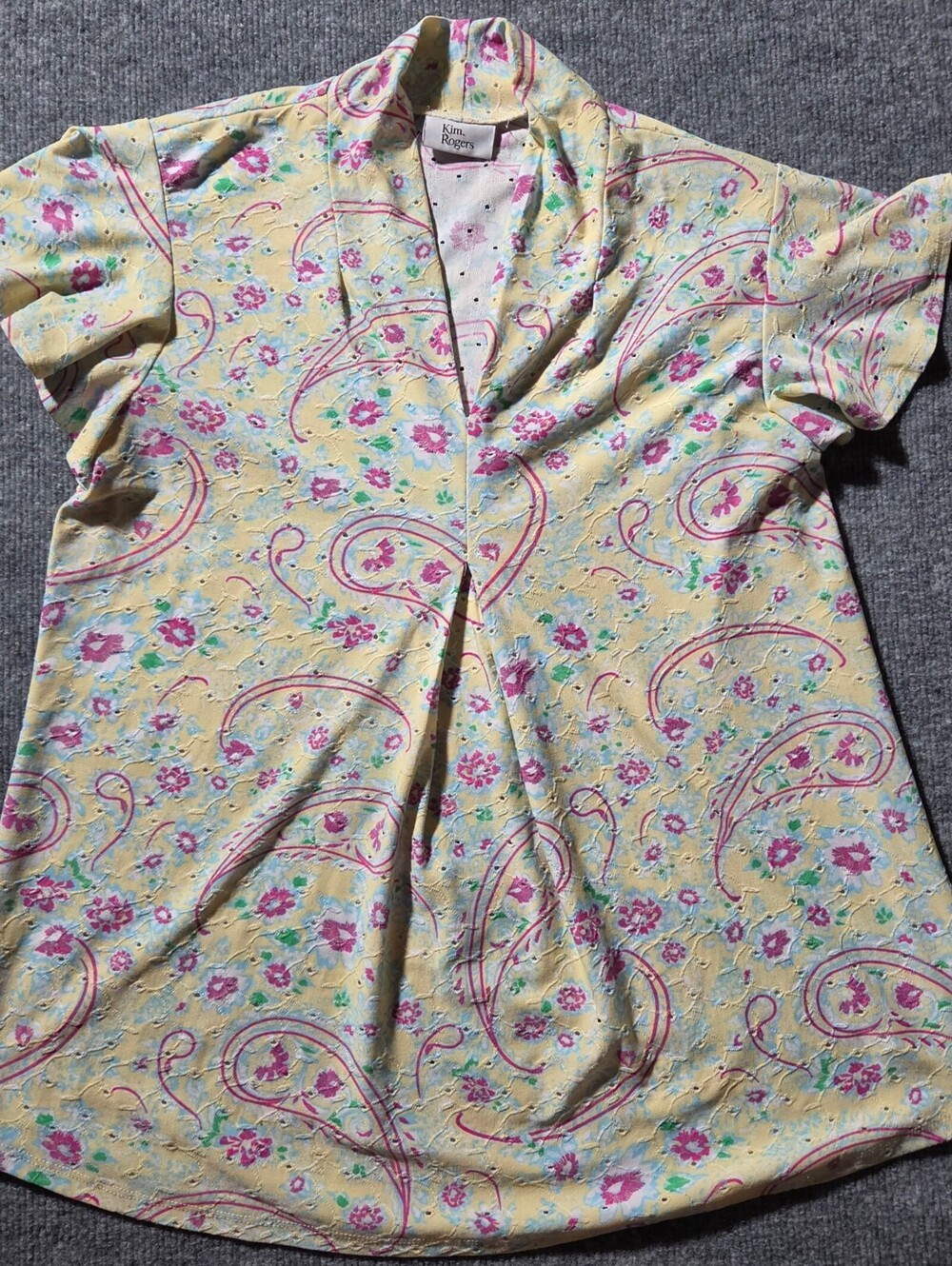 Kim Rogers Yellow Floral Eyelet Short Sleeve Top Size S